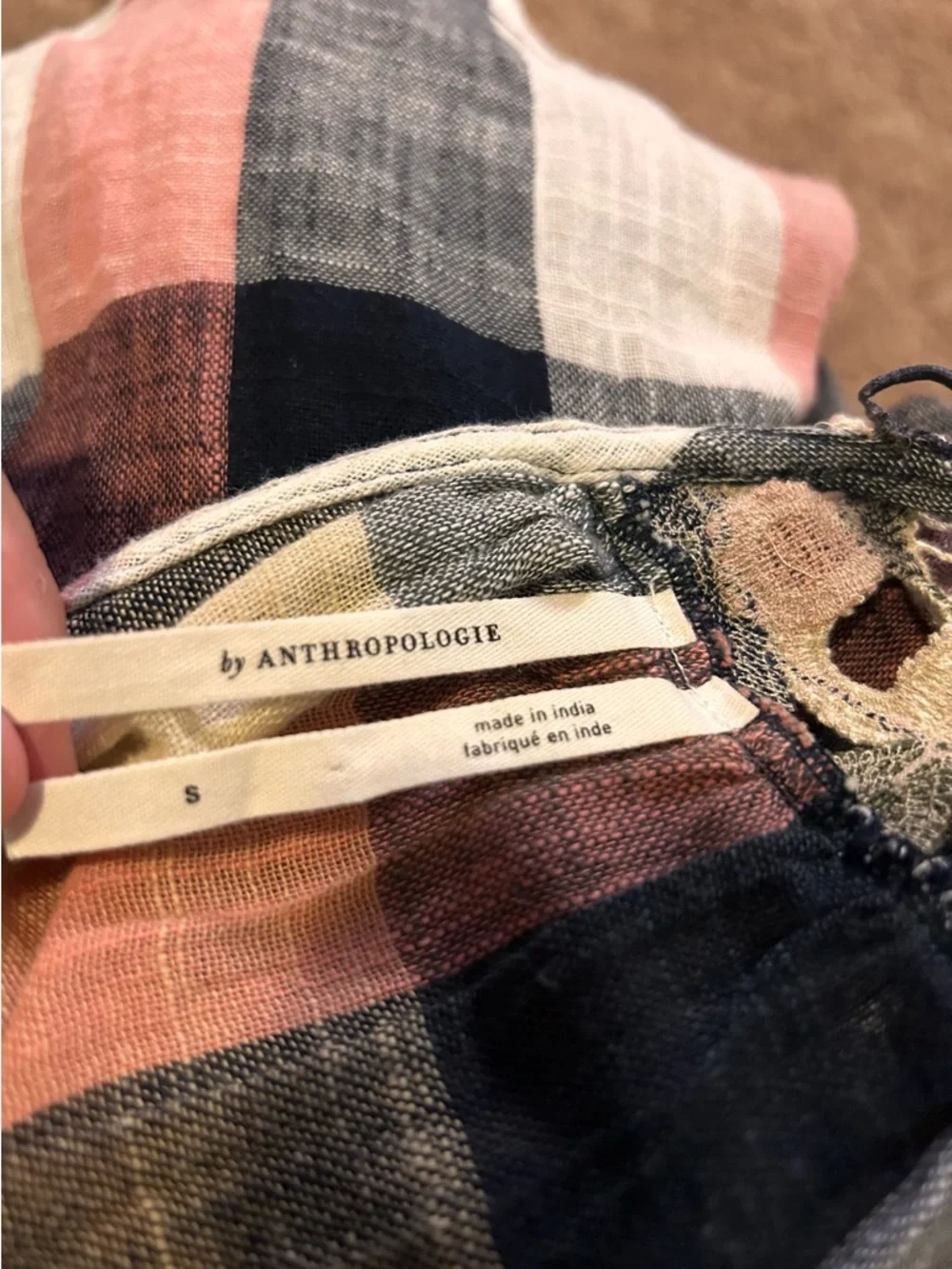 Anthropologie Crochet Yoke Plaid Puff Sleeve Top - Navy, Cream, Pink